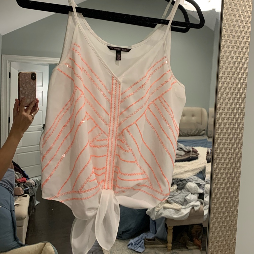 VS White with Orange Sequins Front Tie Tank